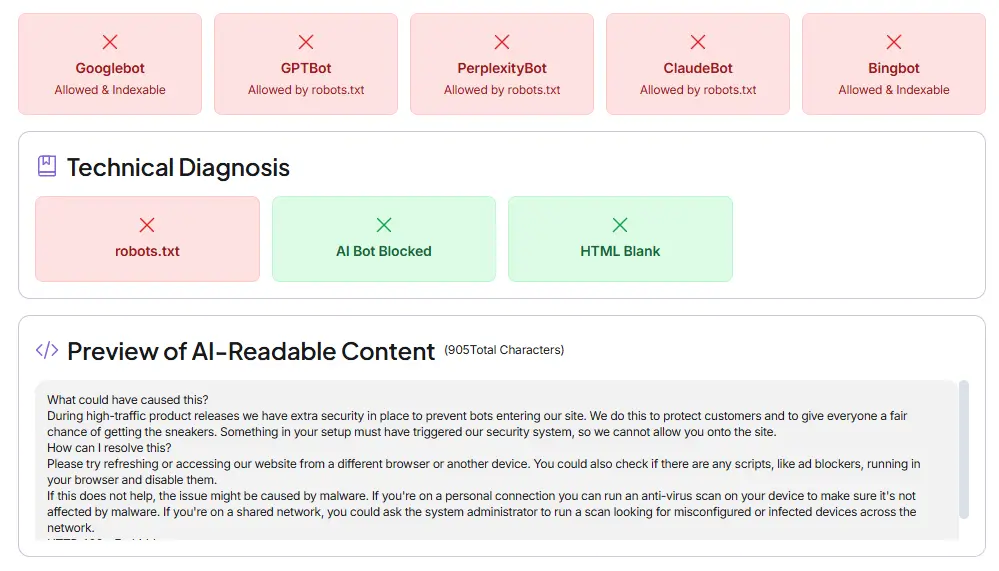 Diagnosing your AI crawlability